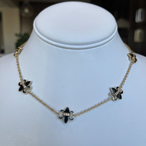 Freida Rothman Jewelry - Freida Rothman Fleur De Lys Gold Plated Station Necklace Black Enamel Rhinestone